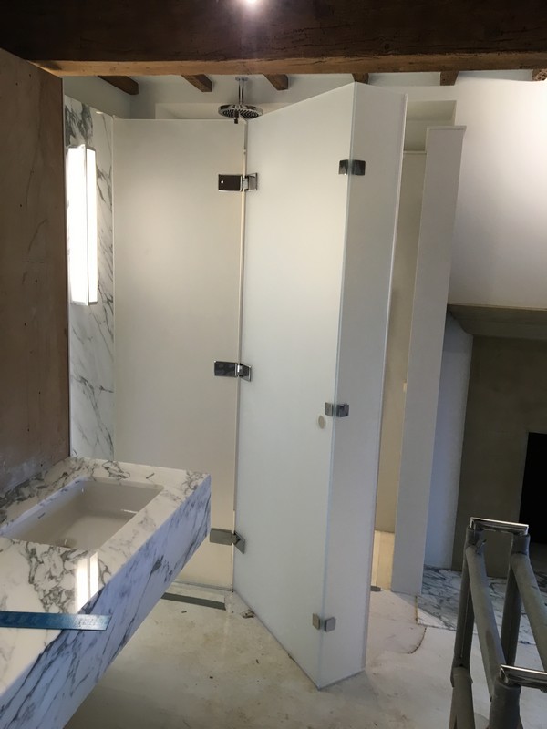 Bespoke frosted glass shower enclosure in High Wycombe luxury bathroom